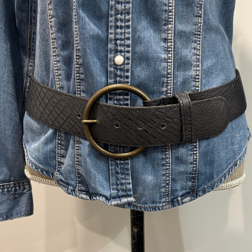 Kudos Grey Croc Textured Leather Wide Belt Gold Ring Buckle Statement Size 34